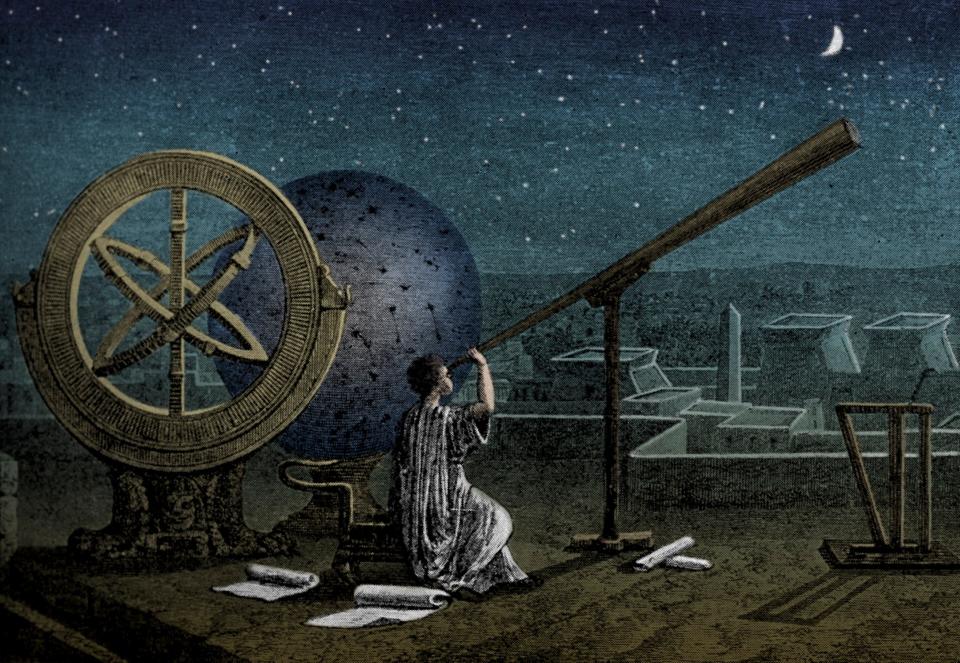 A person is seated looking through a telescope with astrological instruments nearby in Ancient Greece