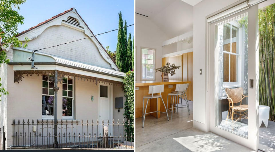 The terrace style front of a studio for sale in Sydney with an inset of the kitchen and outdoor space. 