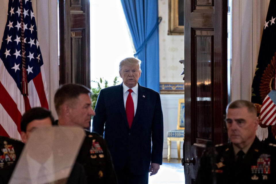 Donald Trump arrives to speak in the Grand Foyer of the White House Thursday morning. Source: Getty