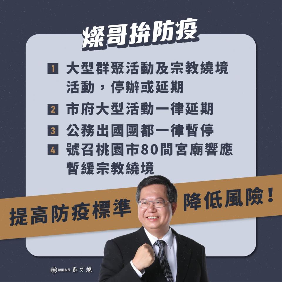 桃園市長鄭文燦宣布，桃園市大型活動、宗教遶境一律延期、暫停舉辦。   圖：翻攝鄭文燦臉書