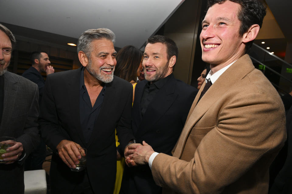 George Clooney, Joel Edgerton and Callum Turner at the Los Angeles premiere of "The Boys in the Boat" held at the Samuel Goldwyn Theater on December 11, 2023 in Beverly Hills, California.