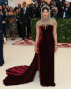 <p>Priyanka Chopra’s take on the theme was understated yet beautiful in a Ralph Lauren velvet gown accessorised with a bejeweled hood. [Photo: Getty] </p>