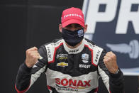 Rinus VeeKay, of the Netherlands, celebrates after winning an IndyCar auto race at Indianapolis Motor Speedway, Saturday, May 15, 2021, in Indianapolis. (AP Photo/Darron Cummings)
