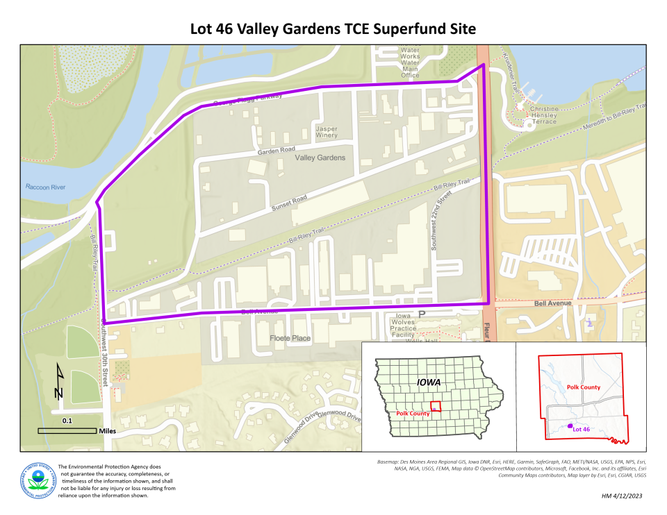 The U.S. Environmental Protection Agency has added Lot 46 Valley Gardens, located south of downtown Des Moines, to its Superfund National Priorities List. The site is contaminated with  trichloroethylene, or TCE, and two other contaminants that are created when the chemical breaks down, the EPA says.