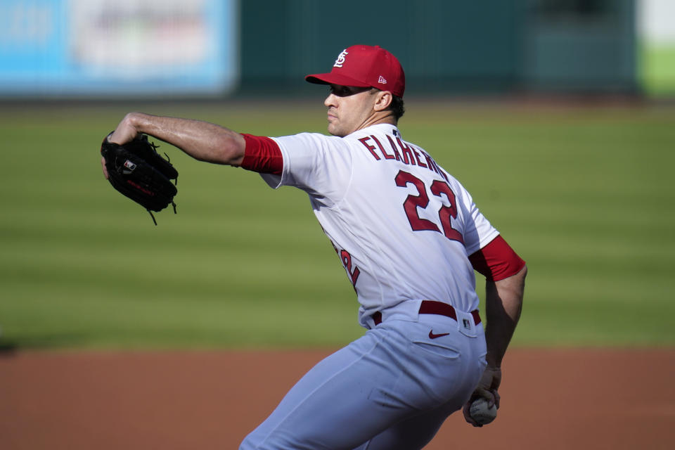 St. Louis Cardinals starting pitcher Jack Flaherty throws during the first inning in the first game of a baseball doubleheader against the Milwaukee Brewers Friday, Sept. 25, 2020, in St. Louis. (AP Photo/Jeff Roberson)