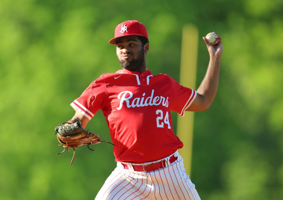 North Rockland pitcher Brandon Rivera (24) delicers a pitch during their 8-4 win over Clarkstown South in opening round of Class AA baseball playoffs at Clarkstown South High School on Tuesday, May 17, 2022.