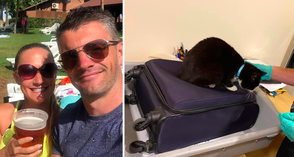 Nick and Voirrey Coole were shocked to discover their cat had snuck into their luggage (Caters)