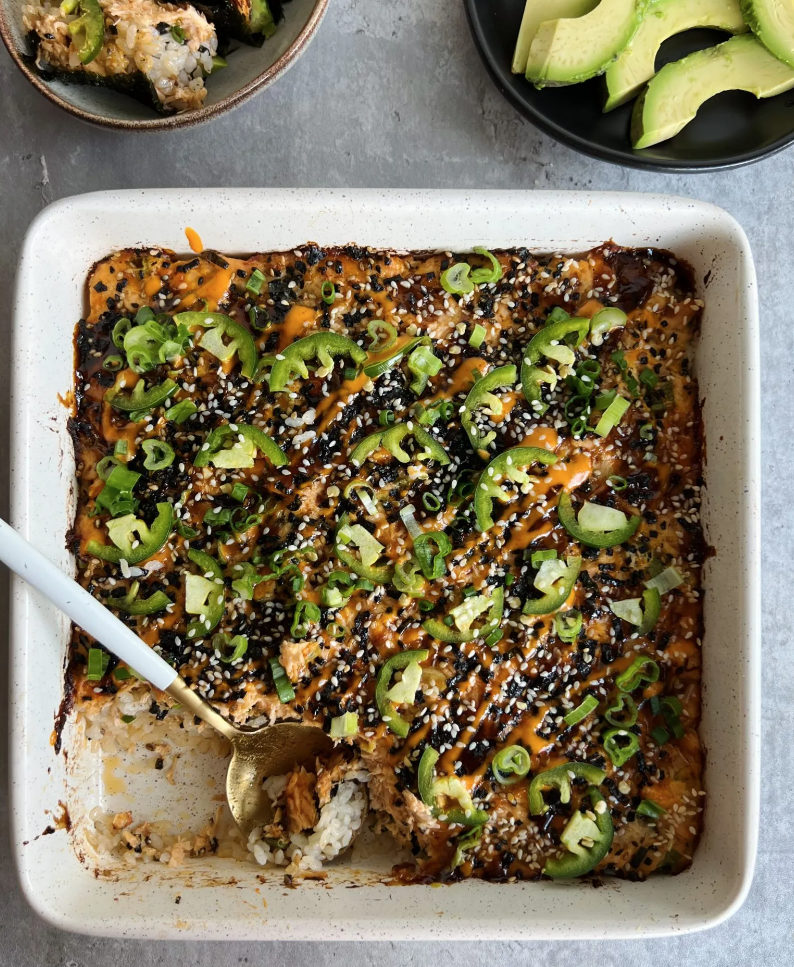 <p>Sushi doesn’t typically come to mind when thinking of casseroles, but this baked spicy salmon casserole is a sushi-lovers dream. The deconstructed sushi roll features sweet sushi rice, sweet and spicy salmon, and a spicy mayo drizzle. Then, add your favorite toppings to feed a crowd for sushi night! </p><p><em><a href="https://somethingnutritiousblog.com/spicy-salmon-sushi-bake/" rel="nofollow noopener" target="_blank" data-ylk="slk:Get the recipe from Something Nutritious »;elm:context_link;itc:0;sec:content-canvas" class="link ">Get the recipe from Something Nutritious »</a></em></p>