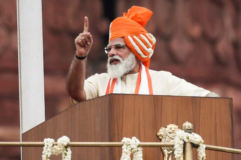 FILE PHOTO: Indian Prime Minister Narendra Modi addresses the nation during Independence Day celebrations in New Delhi