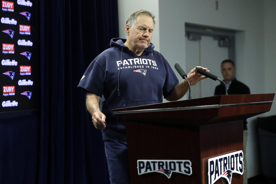 New England Patriots head coach Bill Belichick approaches a podium to take questions from reporters before an NFL football practice, Wednesday, Nov. 20, 2019, in Foxborough, Mass. (AP Photo/Steven Senne)