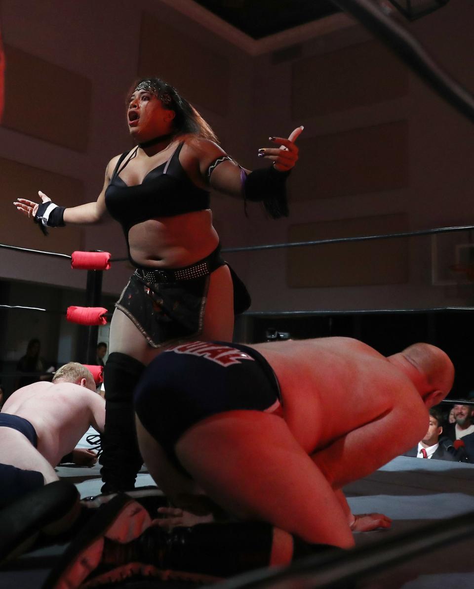 Nyla Rose takes down "Brutal" Bob Evans and "Tough" Tim Hughes AKA Tough Guy Inc. during Capitol Wrestling World War IV in 2017 at Capitol Auditorium in Hoboken.