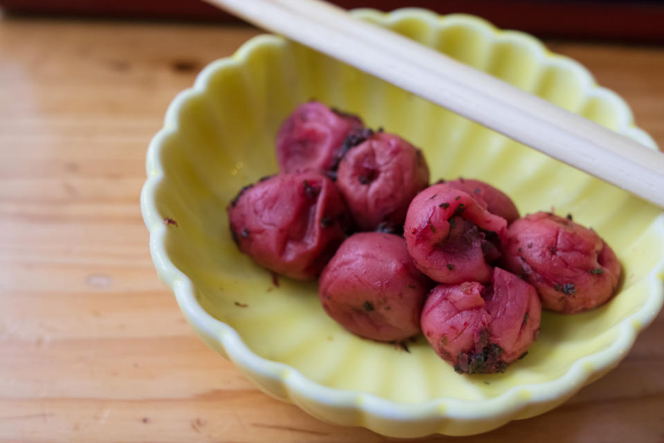 Japanese plum pickles called as Umeboshi.