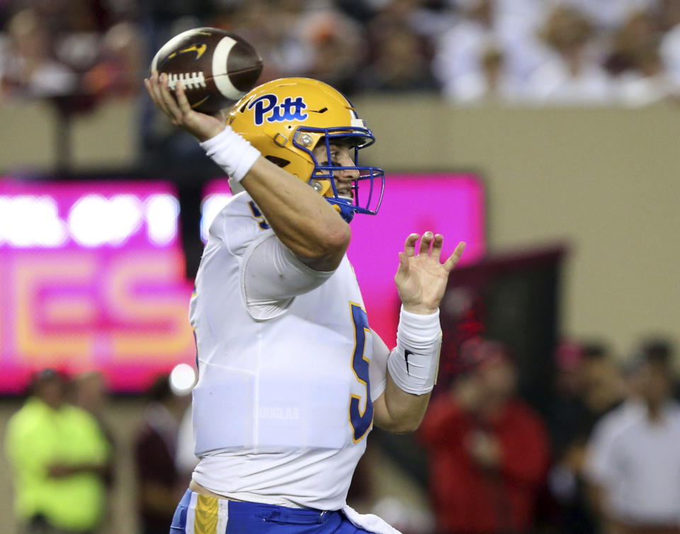 Pittsburgh quarterback Phil Jurkovec (5) throws a pass against Virginia Tech during the first quarter of an NCAA college football game Saturday, Sept. 30, 2023, in Blacksburg, Va. (Matt Gentry/The Roanoke Times via AP)