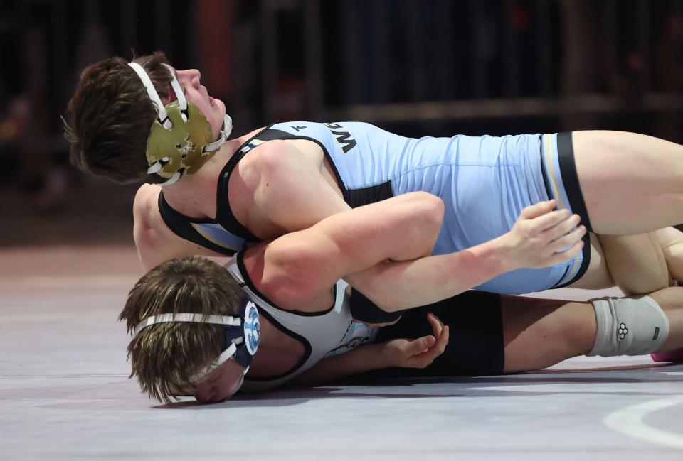 Winner Corbyn Robison, Westlake, and Aiden Bastian, Layton, compete in the 6A boys wrestling state championships at UVU in Orem on Saturday, Feb. 17, 2024. | Jeffrey D. Allred, Deseret News