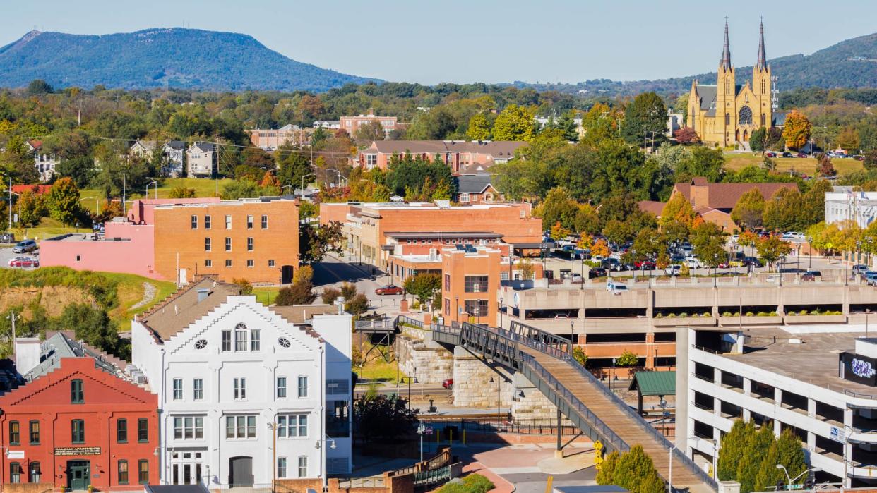 High angle view of Roanoke Virginia with famous church in the background -- St Andrews Catholic Church.