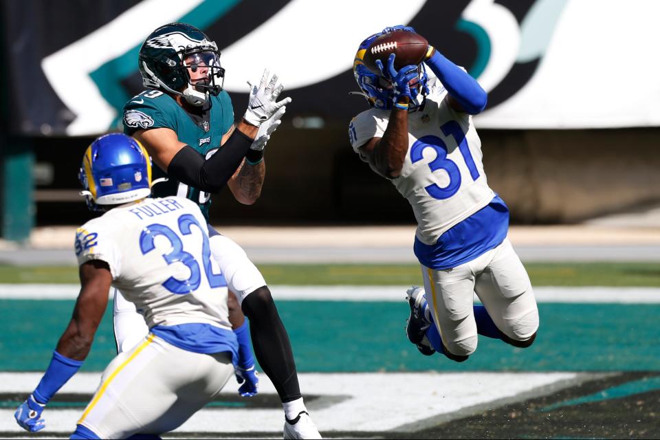 Jaguars cornerback Darious Williams (31), intercepting a pass in a 2020 game against Philadelphia, has competed in five playoff games and started four.