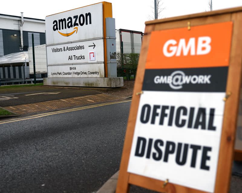 A sign during industrial action outside the Amazon warehouse