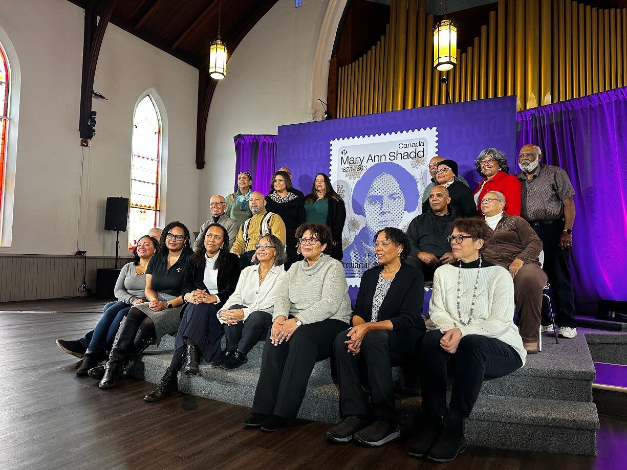 Members of the Shadd family gathered at the unveiling for the stamp honouring Mary Ann Shadd, North America's first Black female newspaper publisher, on Tuesday, Jan. 23, 2024.  (Meg Roberts/CBC - image credit)