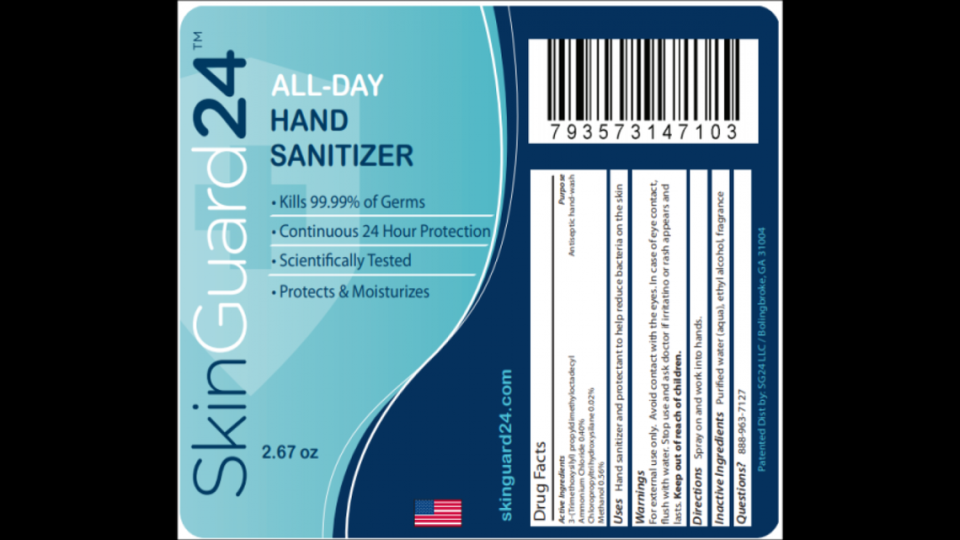 The label on 2.67-ounce bottles of SkinGuard24 hand sanitizer