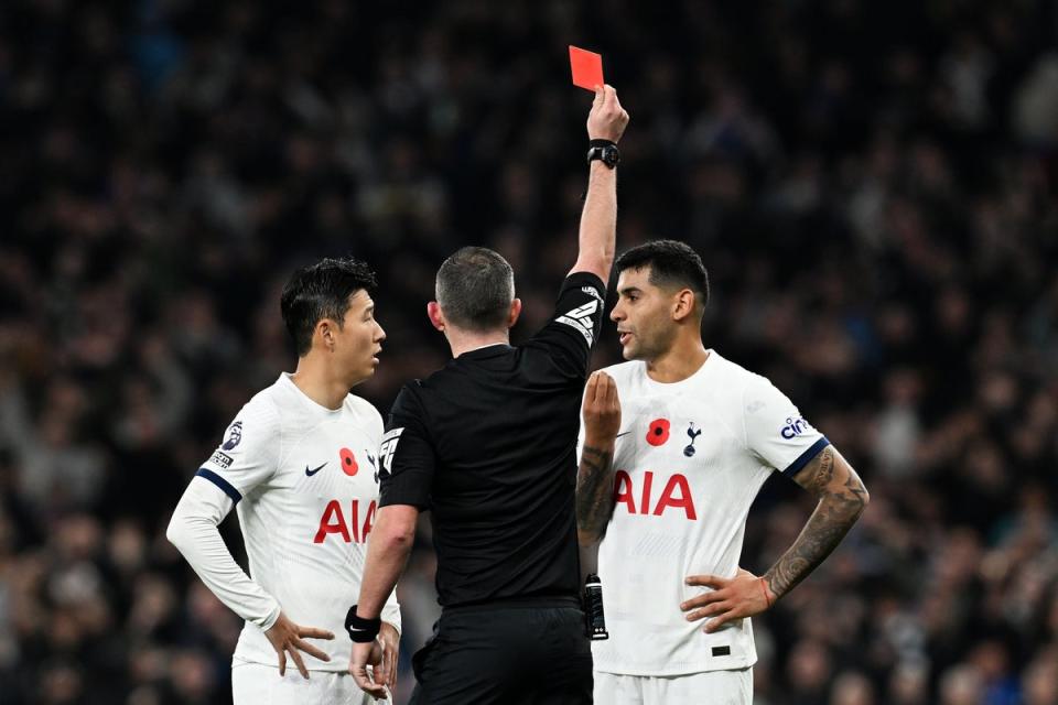 Cristian Romero was sent off in the first half. (Chelsea FC via Getty Images)