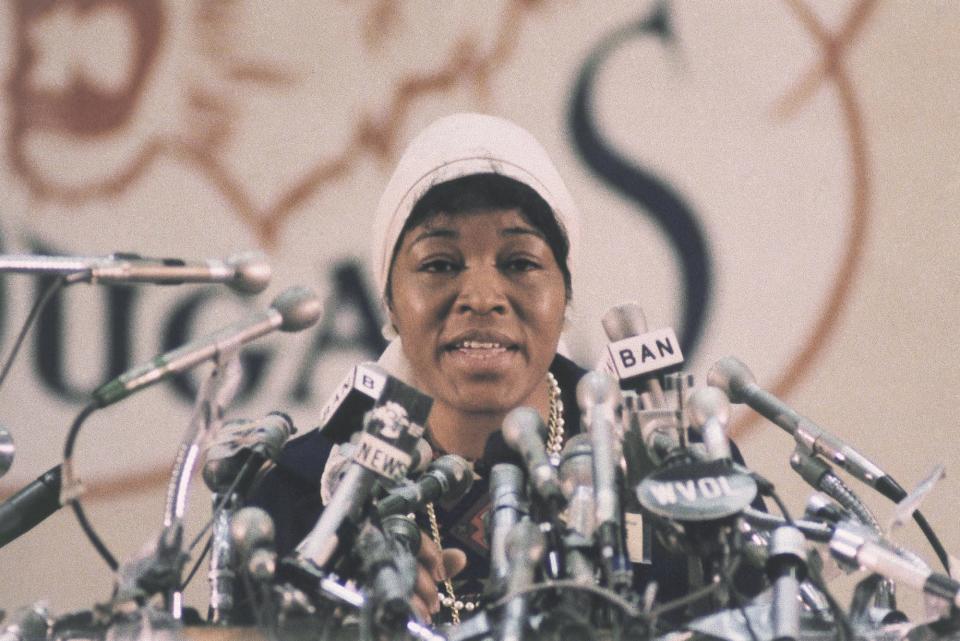 Betty Shabazz, wife of the late Nation of Islam leader, Malcolm X, speaking in 1972.