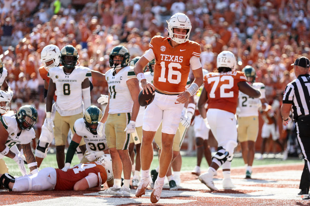 AUSTIN, TEXAS - AUGUST 31: Arch Manning #16 of the Texas Longhorns reacts after scoring a rushing touchdown in the fourth quarter against the Colorado State Rams at Darrell K Royal-Texas Memorial Stadium on August 31, 2024 in Austin, Texas. (Photo by Tim Warner/Getty Images)