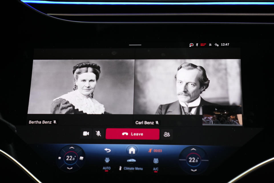 Video calling technology is seen on display in Mercedes-Benz's MBOS car operating system during the CES tech show Tuesday, Jan. 9, 2024, in Las Vegas. (AP Photo/Ryan Sun)