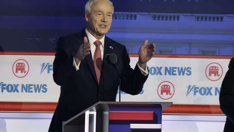 Former Arkansas Gov. Asa Hutchinson speaks during a Republican presidential primary debate hosted by Fox News Channel on Wednesday, Aug. 23, 2023, in Milwaukee.