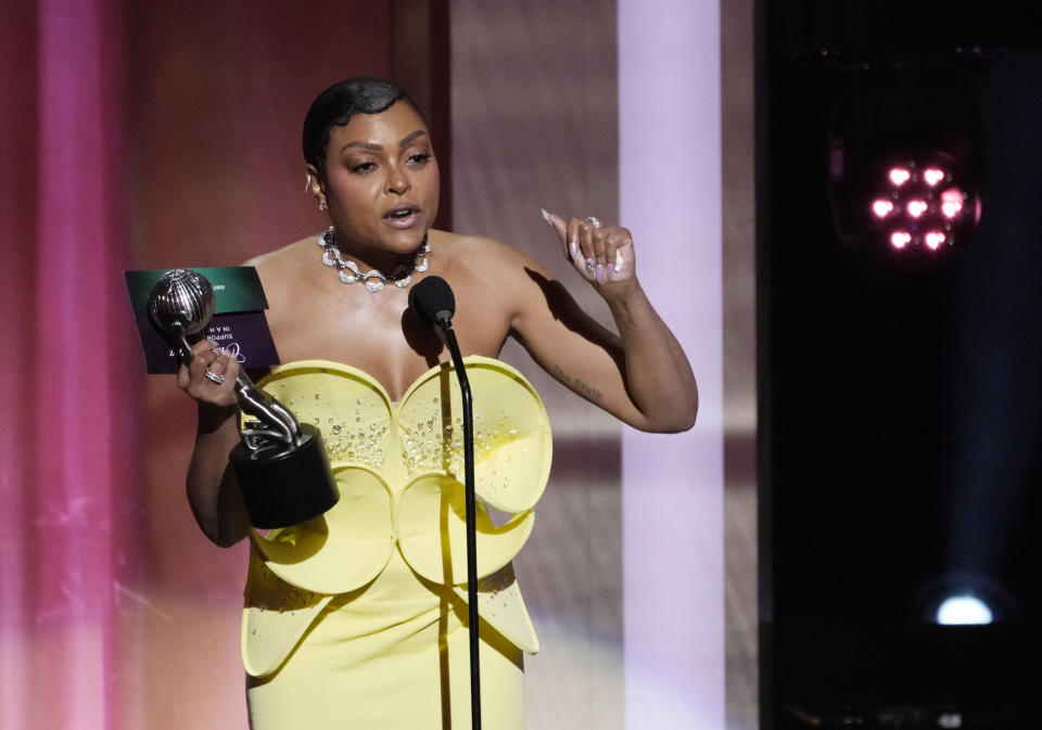 Taraji P. Henson, a cast member in "The Color Purple," accepts the award for Outstanding Supporting Actress in a Motion Picture during the 55th NAACP Image Awards, Saturday, March 16, 2024, at The Shrine Auditorium in Los Angeles. (AP Photo/Chris Pizzello)