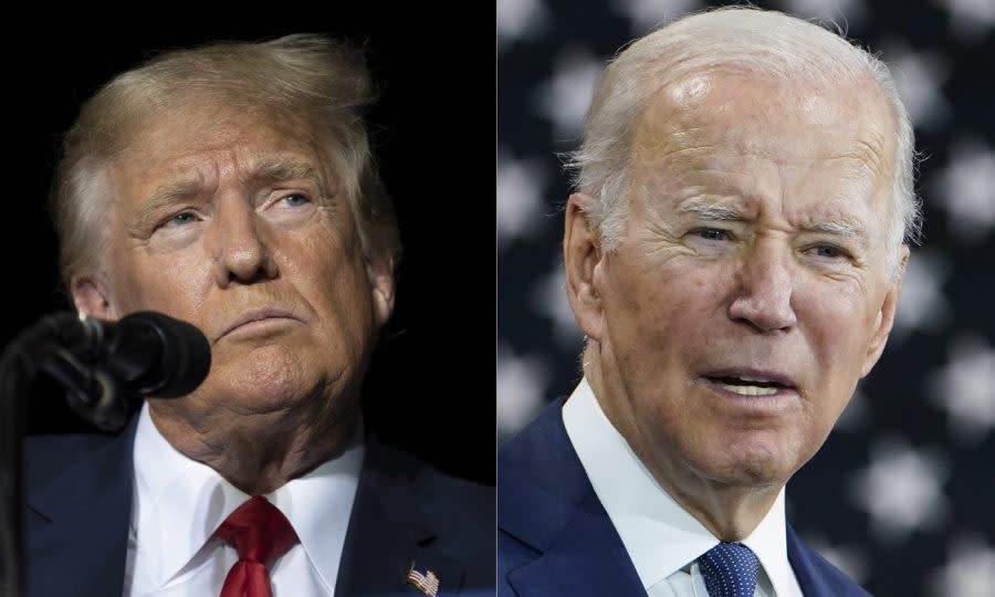 <sub>Former President Donald Trump, left, and President Joe Biden, right. (AP Photo/File)</sub>