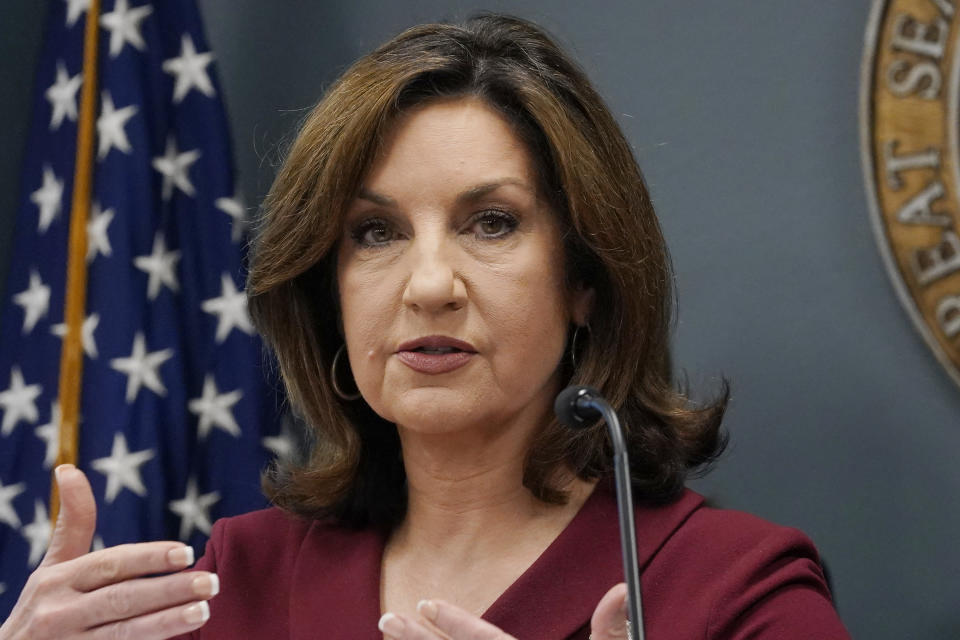 FILE - Oklahoma State Superintendent of Public Instruction Joy Hofmeister delivers a report on Epic Charter Schools during a news conference, June 21, 2022, in Oklahoma City. Hofmeister is running for governor in the Nov. 8 election. (AP Photo/Sue Ogrocki, File)
