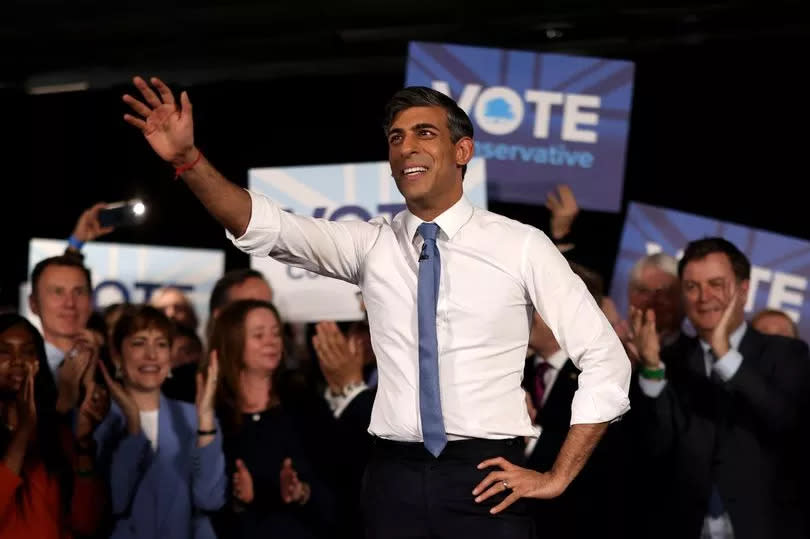 UK Prime Minister Rishi Sunak speaks to delegates and party members, as he launches the Conservative Party general election campaign at the Excel Centre on May 22, 2024