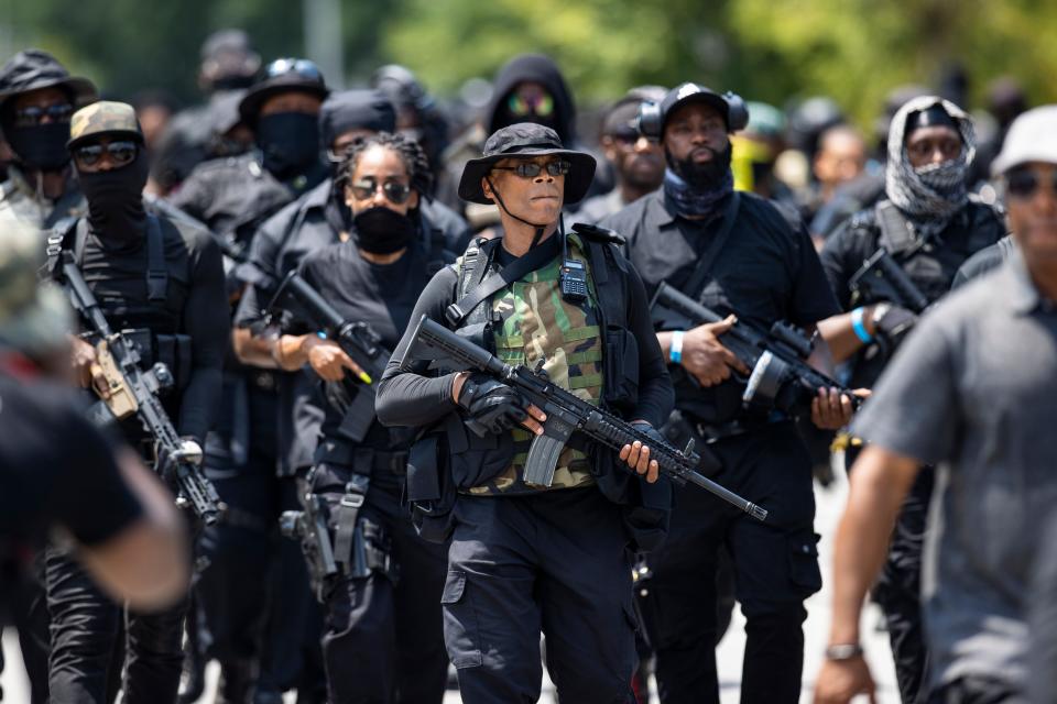 Grandmaster Jay, leader of NFAC, leads a march of his group and supporters on July 25, 2020, to demand justice in the police killing of  Breonna Taylor.