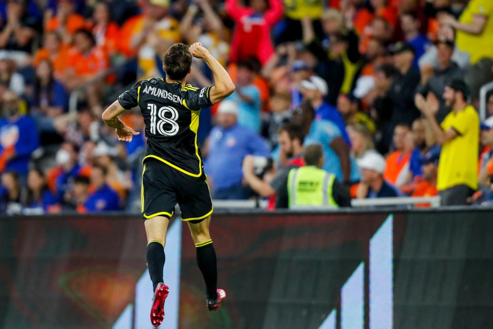 May 20, 2023; Cincinnati, Ohio, USA; Columbus Crew defender Malte Amundsen (18) reacts after scoring a goal against FC Cincinnati in the second half at TQL Stadium. Mandatory Credit: Katie Stratman-USA TODAY Sports