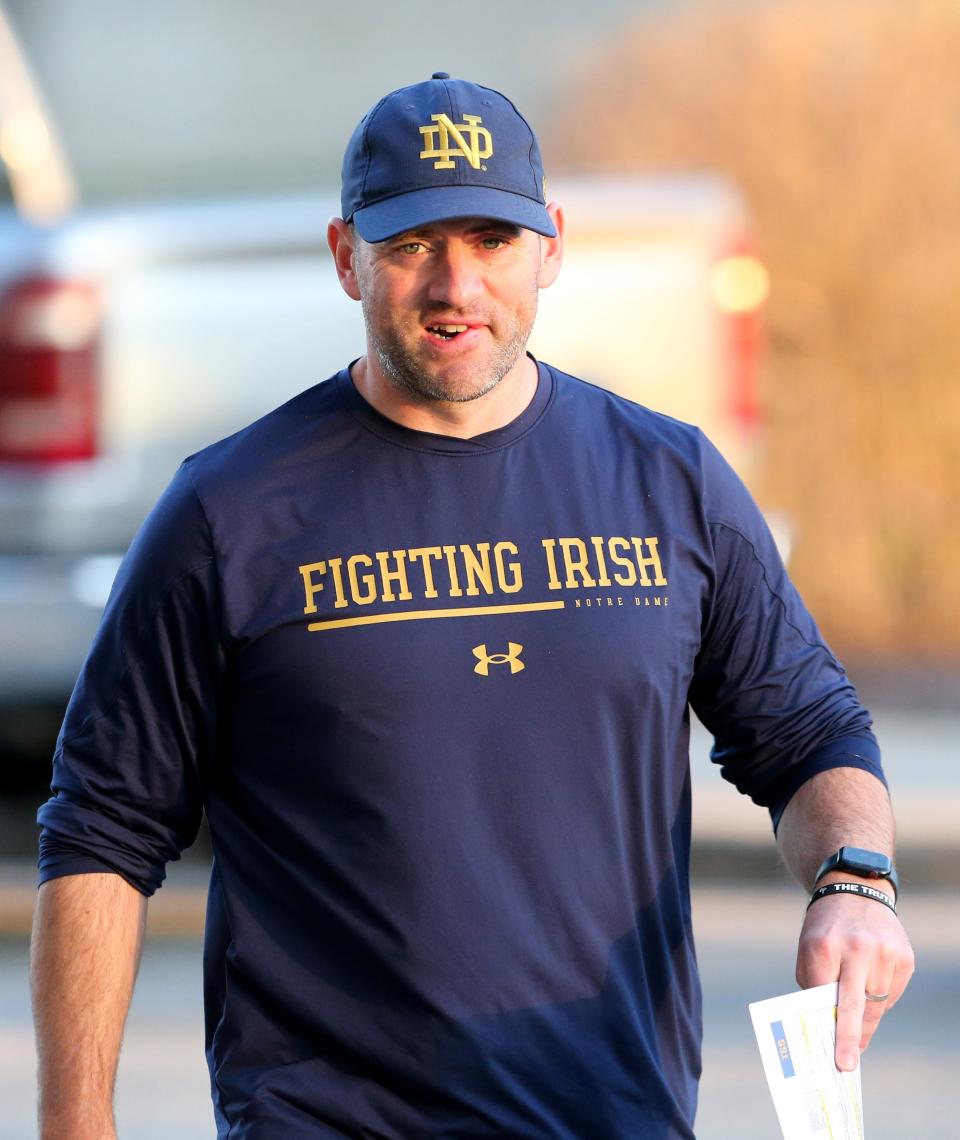 Notre Dame Offensive Coordinator Gerad Parker Wednesday, April 12, 2023, during spring football practice on the Notre Dame campus.