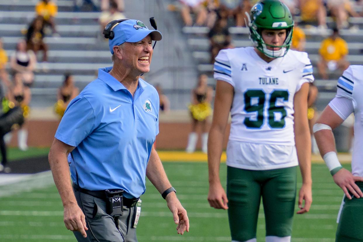 Tulane head coach Willie Fritz reacts after his team's touchdown against Southern Mississippi during an NCAA football game on Saturday, Sept. 16, 2023, in Hattiesburg, Miss. (AP Photo/Matthew Hinton)