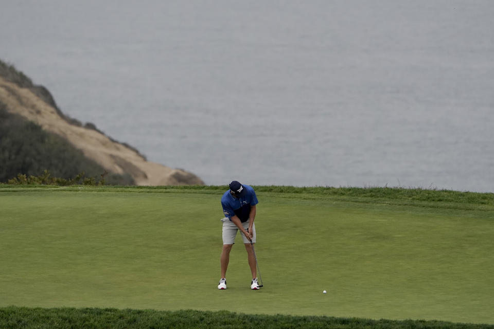 Kyle Westmoreland putts on the third green during a practice round of the U.S. Open Golf Championship, Wednesday, June 16, 2021, at Torrey Pines Golf Course in San Diego. (AP Photo/Jae C. Hong)