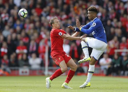 Britain Soccer Football - Liverpool v Everton - Premier League - Anfield - 1/4/17 Everton's Mason Holgate in action with Liverpool's Lucas Leiva Action Images via Reuters / Carl Recine Livepic