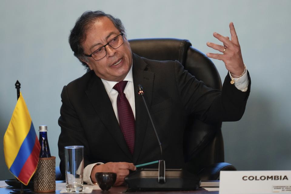 Colombia's President Gustavo Petro speaks to international delegates during a conference focused on Venezuela's political crisis, in Bogota, Colombia, Tuesday, April 25, 2023. (AP Photo/Fernando Vergara)