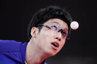 <p>Jun Mizutani of Team Japan serves during his Men's Team Round of 16 table tennis match on day ten of the Tokyo 2020 Olympic Games at Tokyo Metropolitan Gymnasium on August 02, 2021 in Tokyo, Japan. (Photo by Steph Chambers/Getty Images)</p> 