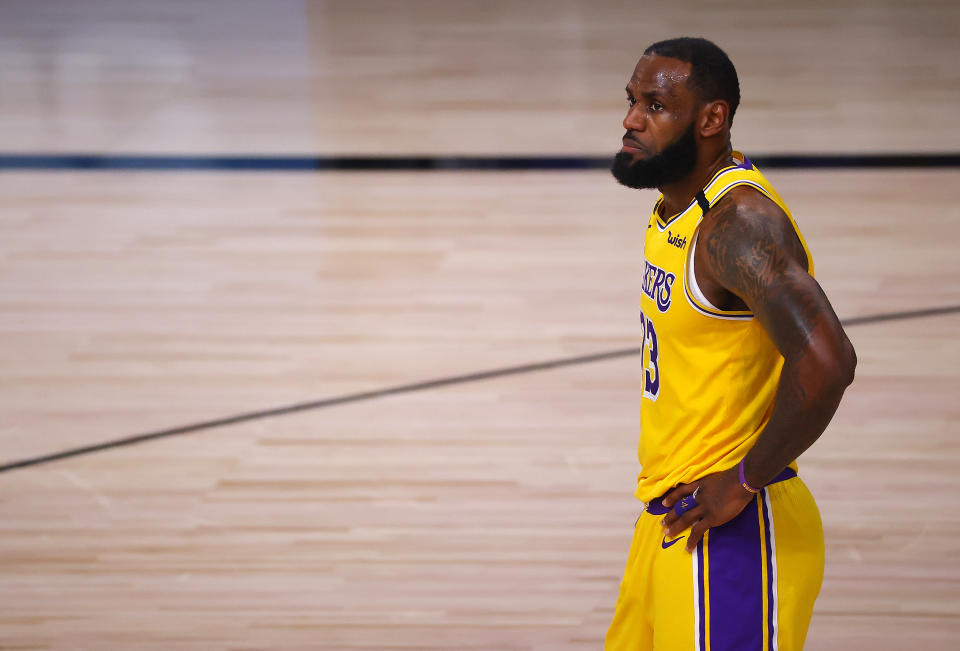 LAKE BUENA VISTA, FLORIDA - SEPTEMBER 24: LeBron James #23 of the Los Angeles Lakers during the fourth quarter against the Denver Nuggets in Game Four of the Western Conference Finals during the 2020 NBA Playoffs at AdventHealth Arena at the ESPN Wide World Of Sports Complex on September 24, 2020 in Lake Buena Vista, Florida. NOTE TO USER: User expressly acknowledges and agrees that, by downloading and or using this photograph, User is consenting to the terms and conditions of the Getty Images License Agreement. (Photo by Mike Ehrmann/Getty Images)