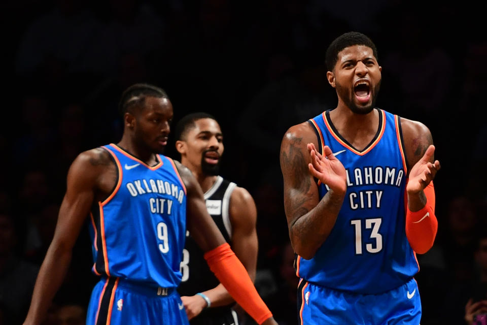 Paul George scored 25 in the fourth quarter to lead the Thunder in an improbable rally to beat the Nets. (Getty)