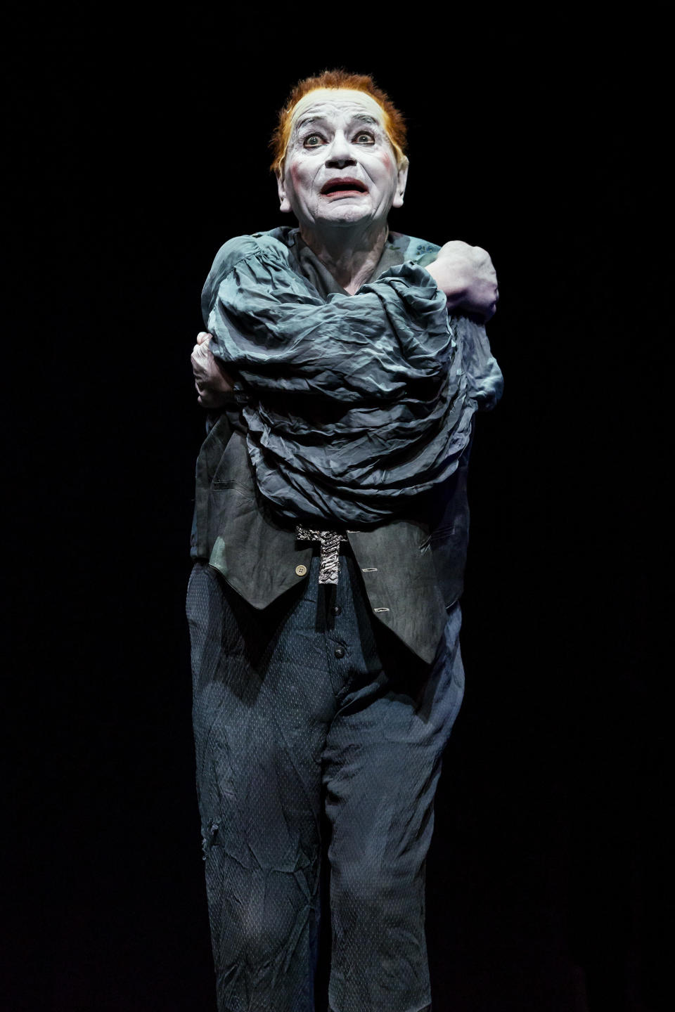 This 2015 photo provided by Richard Haughton shows Lindsay Kemp performing Nijinsky in Parma, Italy. On Saturday, Aug. 25, 2018, the influential British dancer, choreographer and mime artist, known for tutoring singers David Bowie and Kate Bush during his career, died at 80. (Richard Haughton via AP)