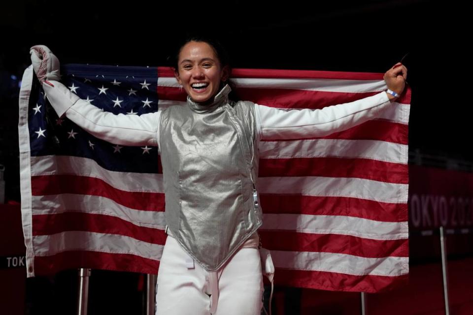 Paul Laurence Dunbar High School graduate and University of Kentucky College of Medicine student Lee Kiefer celebrated after winning an Olympic gold medal last summer in Tokyo in women’s individual foil fencing.