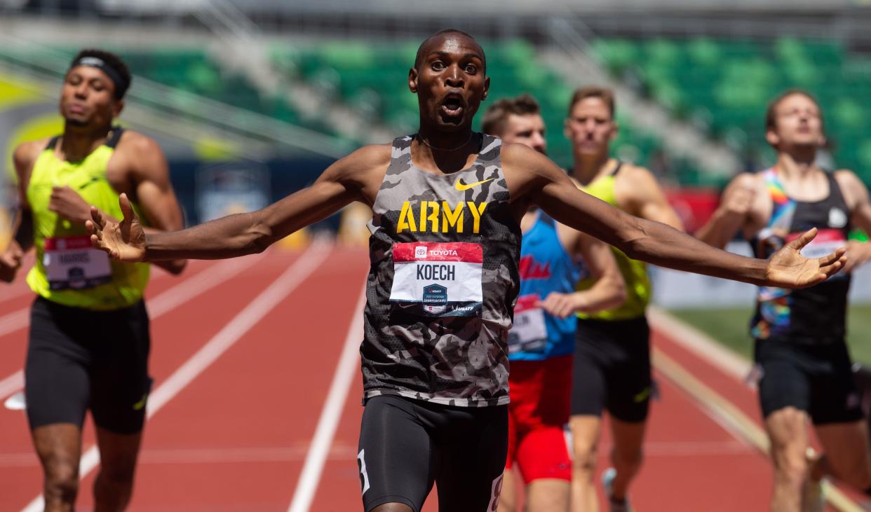 An exuberant Jonah Koech finished second in the men’s 800 meters on Sunday's final day of the U.S. outdoor track and field championships in Eugene, Oregon. Koech qualified for the upcoming IAAF World Championships with a personal-record time of 1 minute, 44.74 seconds.