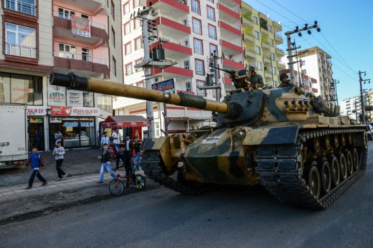 A tank in Silvan, Turkey, after clashes between Turkish forces and Kurdish militants on November 14, 2015