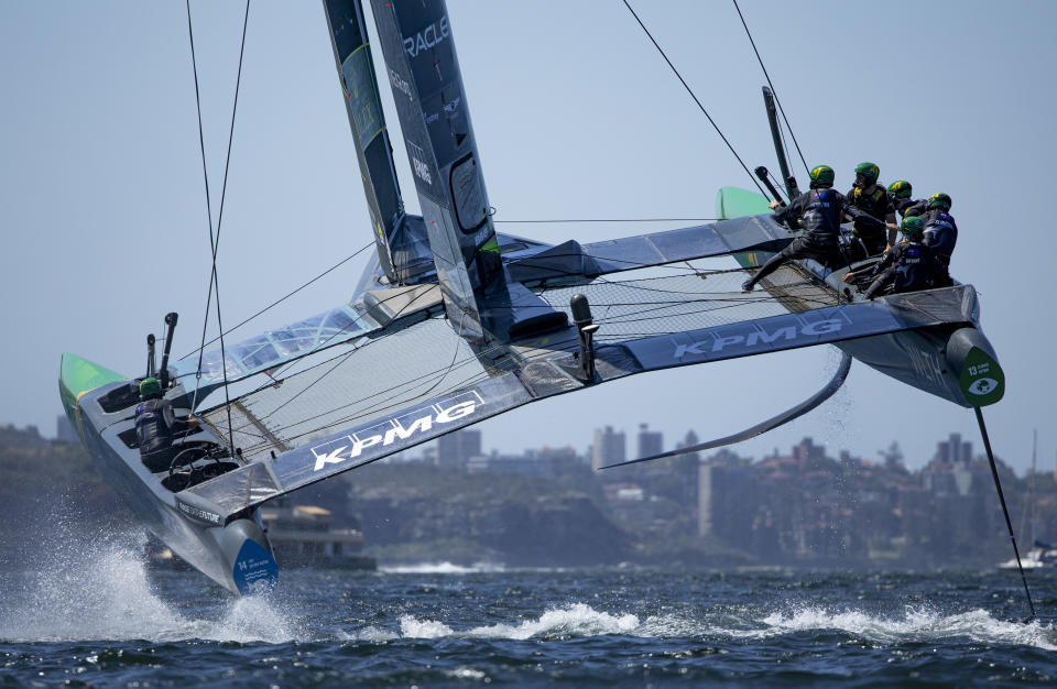 In this photo provided by SailGP, Australia SailGP Team helmed by Tom Slingsby practices ahead of the KPMG Australia Sail Grand Prix in Sydney, Australia Thursday, Feb. 16, 2023. (Chloe Knott/SailGP via AP)