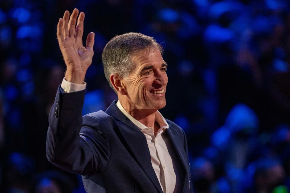 John Stockton is honored for being selected to the NBA 75th Anniversary Team during halftime in the 2022 NBA All-Star Game at Rocket Mortgage FieldHouse.