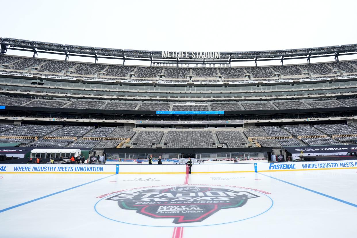 The Devils, Flyers, Rangers and Islanders will be playing at MetLife Stadium this weekend. A view here, Monday, February 12, 2024, shows the logo on the ice.