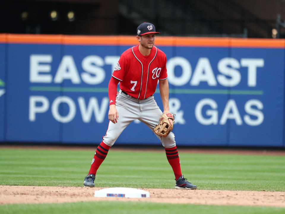 Multiple old tweets from Washington Nationals shortstop Trea Turner surfaced on Sunday afternoon that contained racist and homophobic language. (Getty Images)